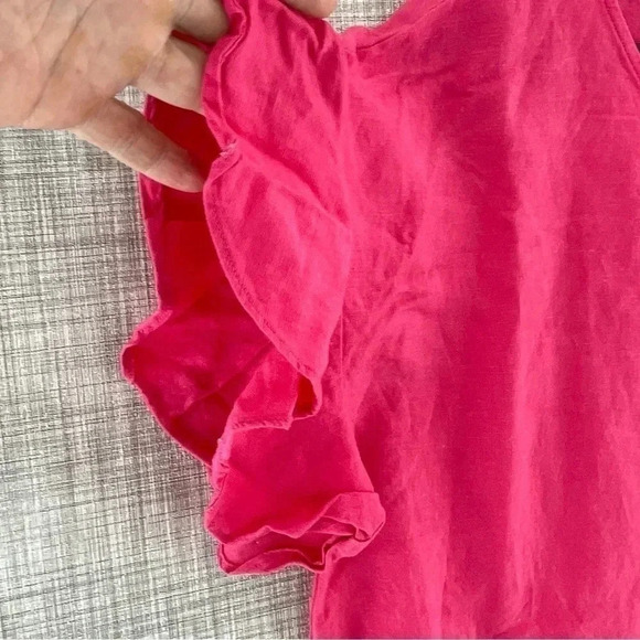 Context Linen Round neck Pink 1/4 button back Short Sleeve Ruffle Blouse 8216/6 - Picture 4 of 9